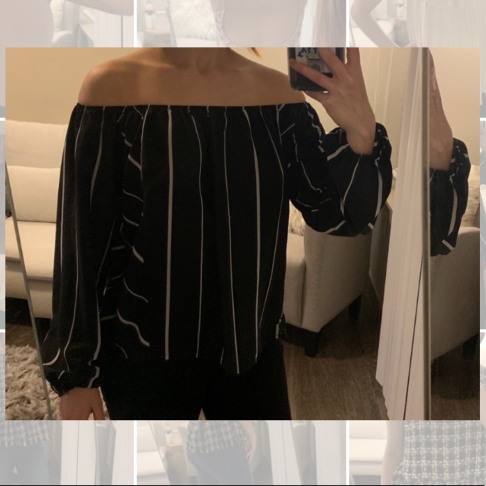 Off the Should Black with White Striped Top